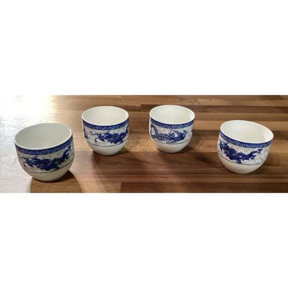 White Jade Porcelain Cheng's Blue Rose Dragon Set of 4 Tea Sake Cups - Picture 3 of 9